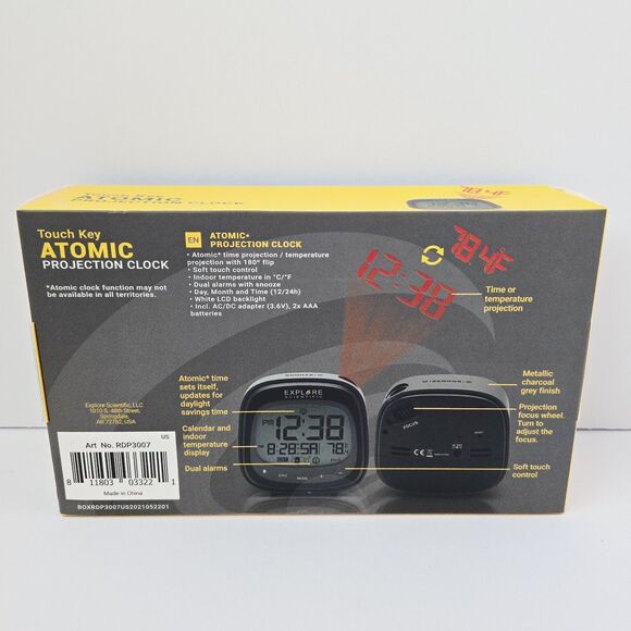 Explore Scientific Atomic Projection Clock Touch Key Metallic Grey Finish - Picture 3 of 9